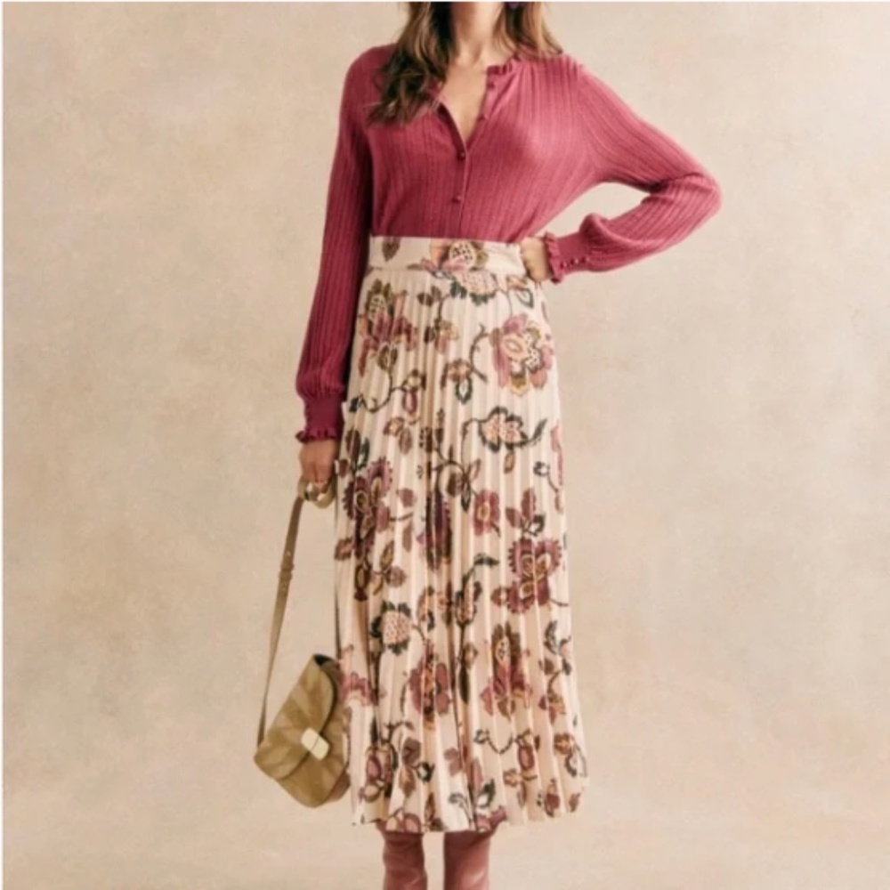 Sezane Cream and Pink Maxi Pleated A-Line Skirt